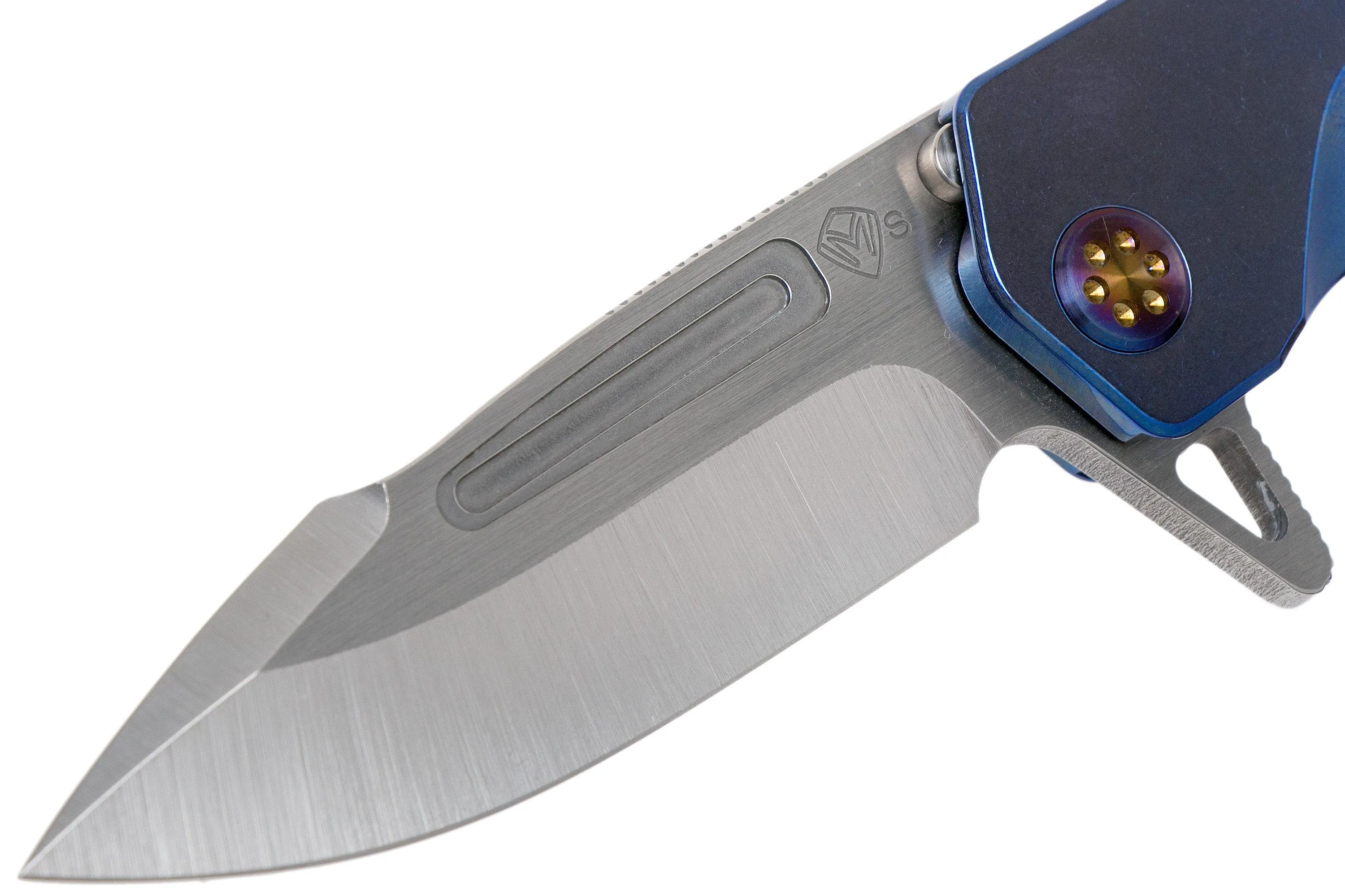 Medford Proxima S35VN, Tumbled Blade, Blue Handle, Flamed Hardware navaja