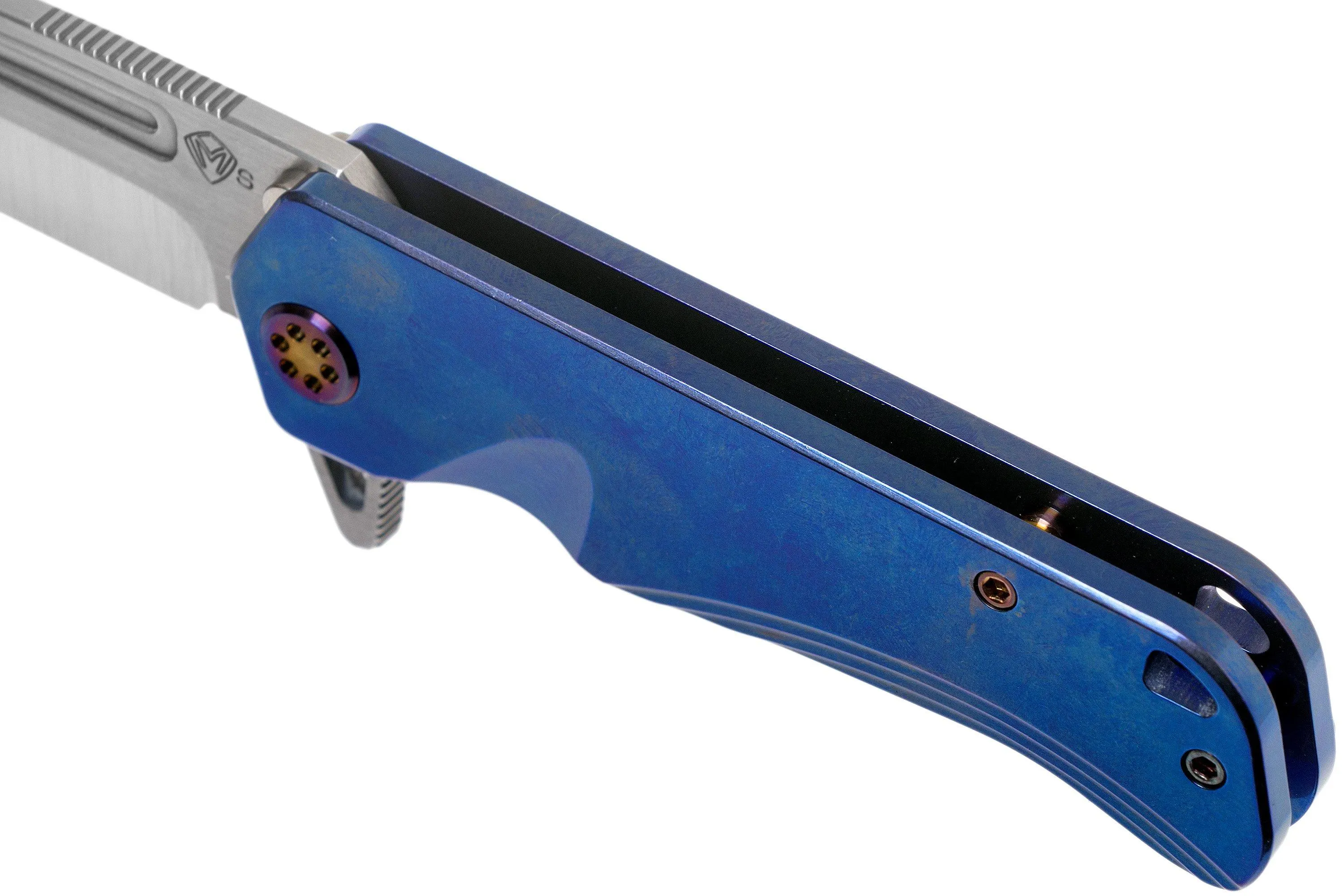 Medford Proxima S35VN, Tumbled Blade, Blue Handle, Flamed Hardware navaja